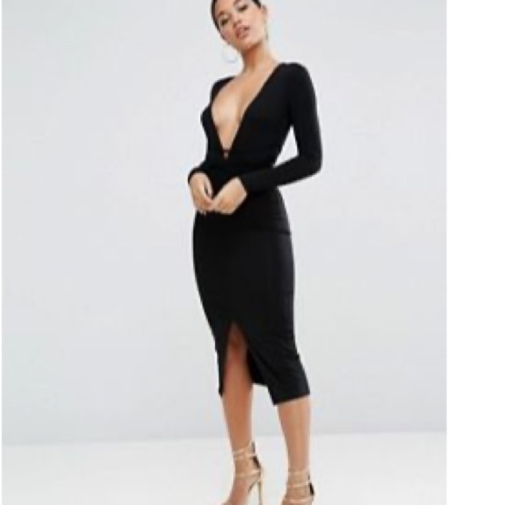 Deep V black midi dress